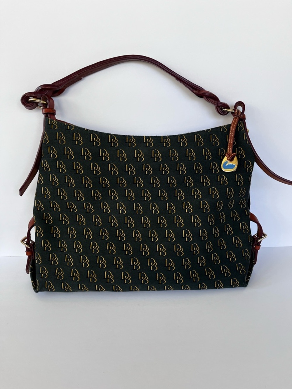 Dooney & Bourke Black Signature Canvas Shoulder Bag with Brown Leather